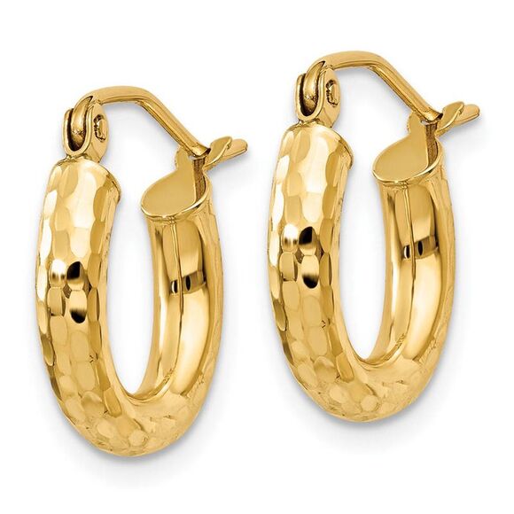 3mm x 14mm, 14k Yellow Gold, Diamond-cut Round Hoop Earrings